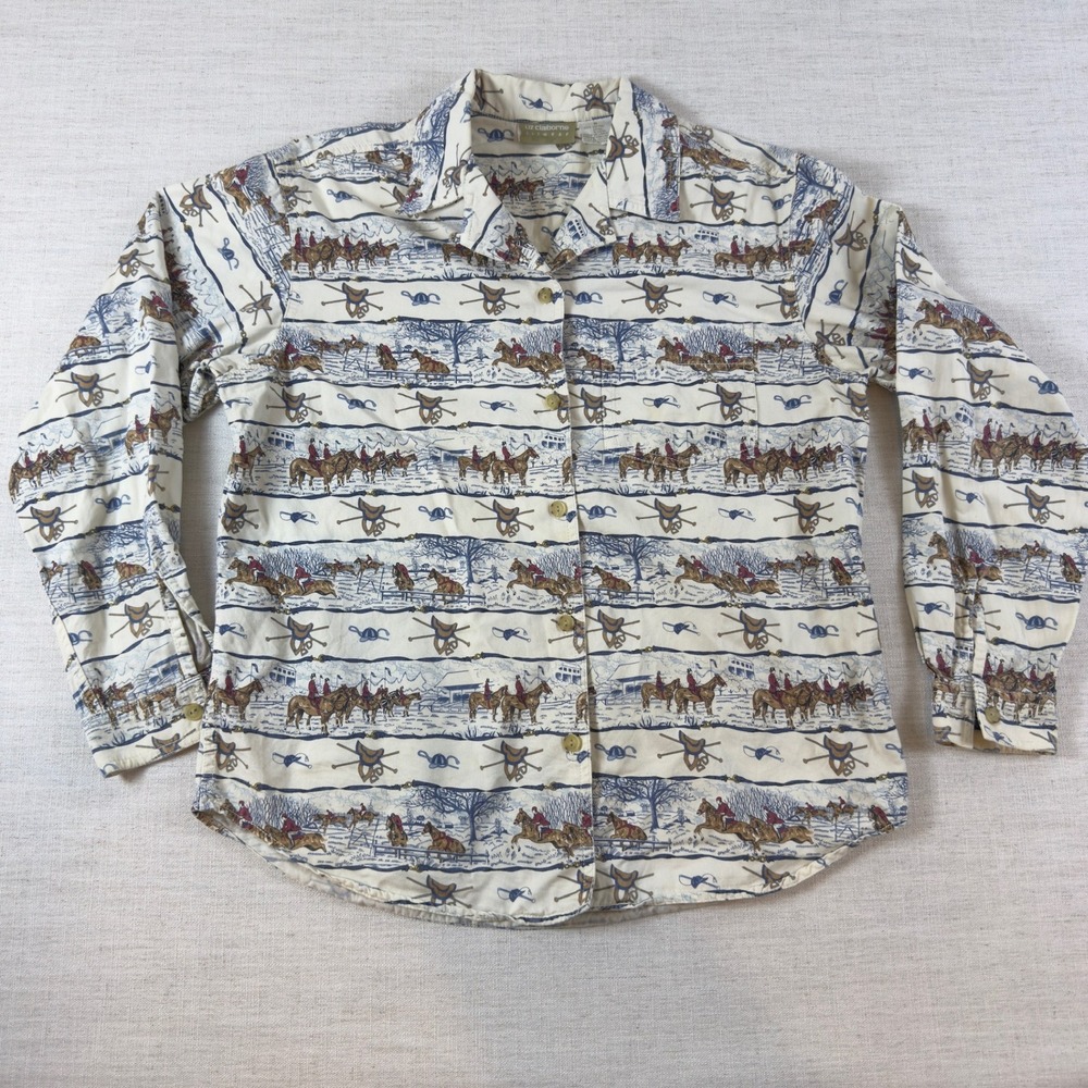 Liz Claiborne Lizwear Equestrian Horse Print Cotton Button Down Shirt Cream M